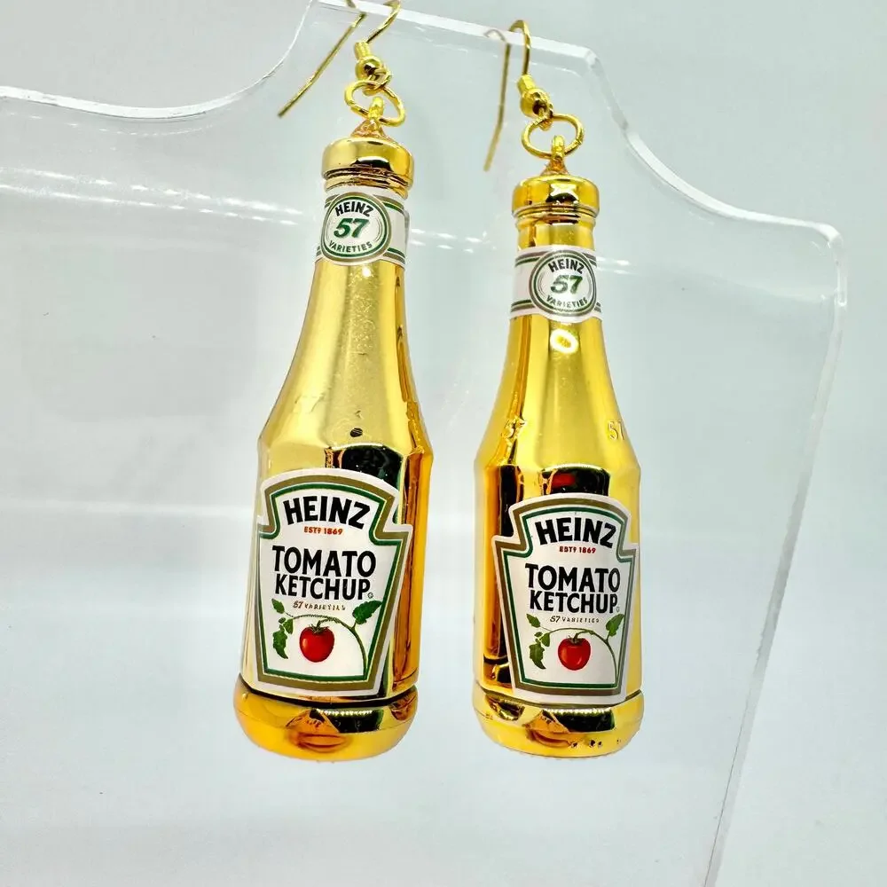 Gold Ketchup Earrings - Metallic Condiment Dangles - Funky Foodcore Aesthetic